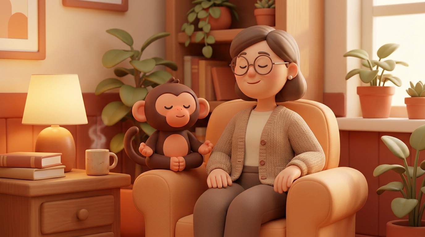 Illustration of an educator resting peacefully with a small meditating monkey beside her