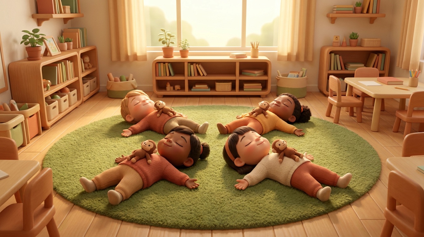 Illustration of children lying in a relaxed star shape practising calm breathing with toy monkeys on their tummies
