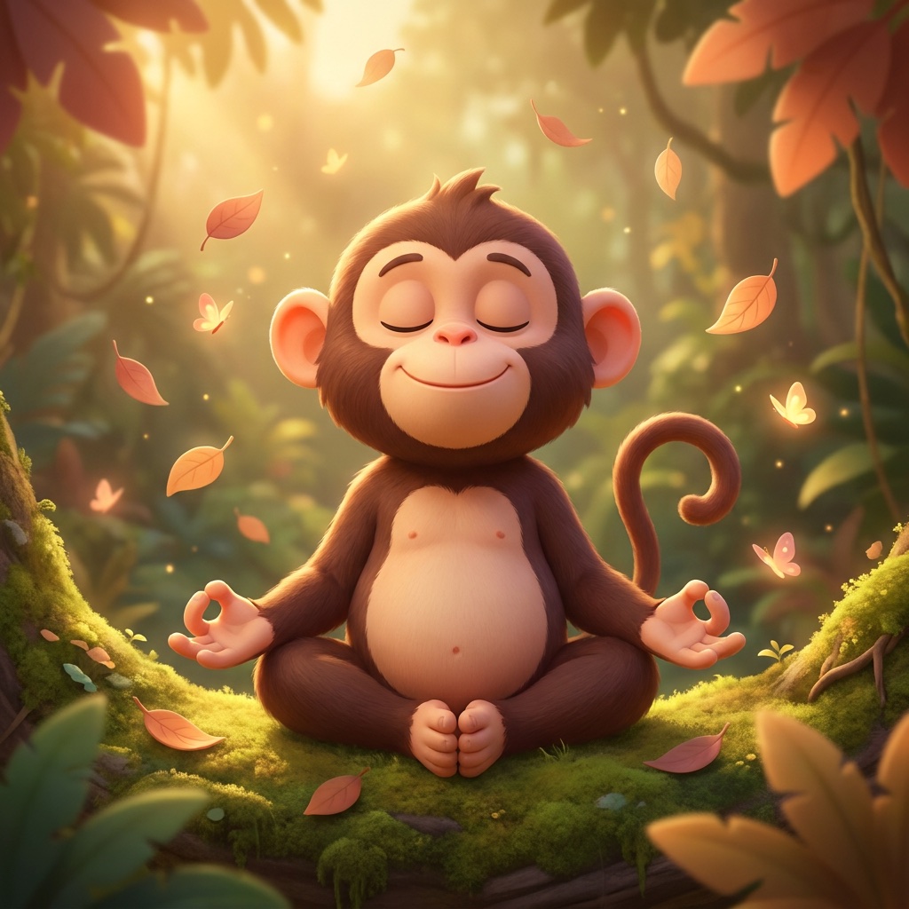Illustration of a monkey meditating peacefully in the jungle